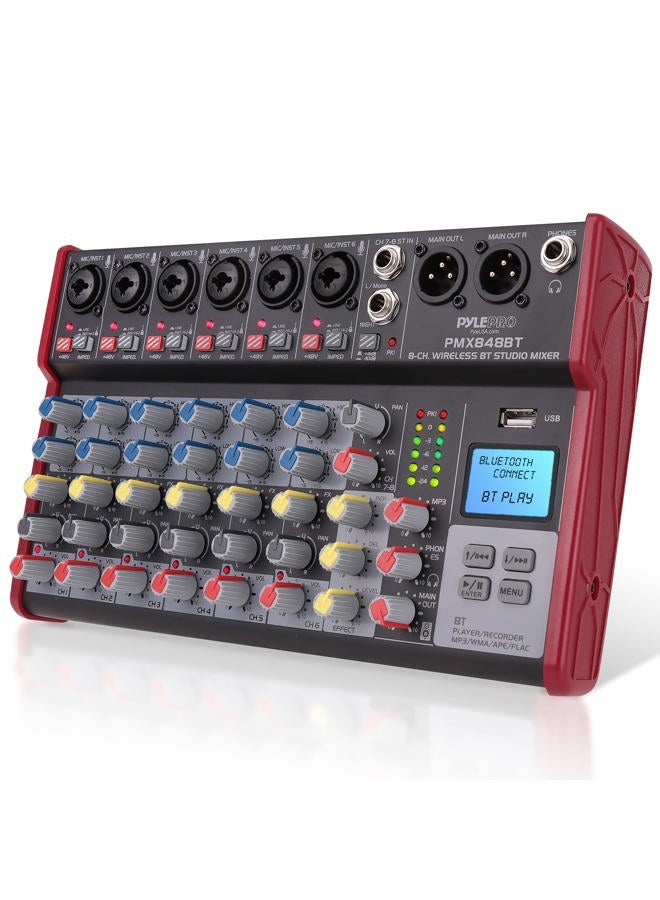 Pyle Professional Wireless DJ Audio Mixer - 8-Channel Bluetooth Compatible DJ Controller Sound Mixer w/USB Port, 6 Mic/Line Input, ¼” Mono/Stereo Input, Headphone Jack, +48V Phantom Power - PMX848BT - Image 1