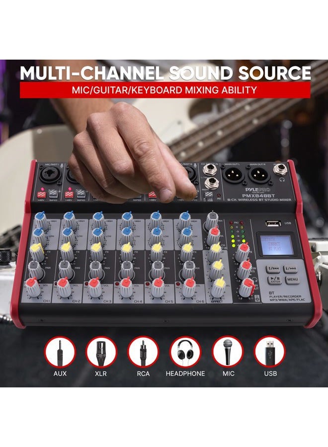 Pyle Professional Wireless DJ Audio Mixer - 8-Channel Bluetooth Compatible DJ Controller Sound Mixer w/USB Port, 6 Mic/Line Input, ¼” Mono/Stereo Input, Headphone Jack, +48V Phantom Power - PMX848BT - Image 3