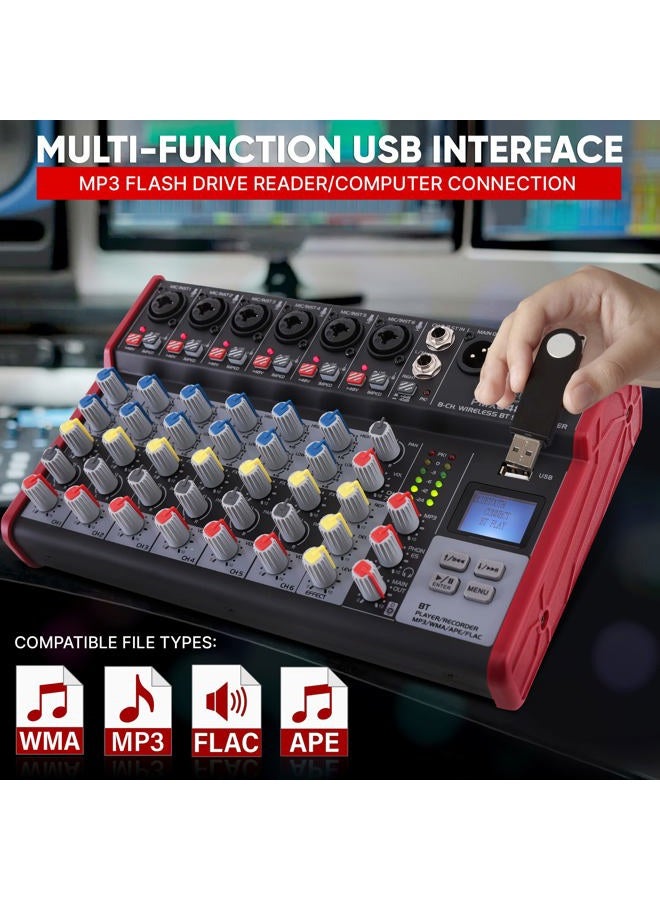 Pyle Professional Wireless DJ Audio Mixer - 8-Channel Bluetooth Compatible DJ Controller Sound Mixer w/USB Port, 6 Mic/Line Input, ¼” Mono/Stereo Input, Headphone Jack, +48V Phantom Power - PMX848BT - Image 4
