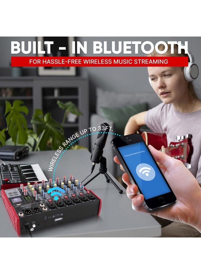 Pyle Professional Wireless DJ Audio Mixer - 8-Channel Bluetooth Compatible DJ Controller Sound Mixer w/USB Port, 6 Mic/Line Input, ¼” Mono/Stereo Input, Headphone Jack, +48V Phantom Power - PMX848BT - Image 5