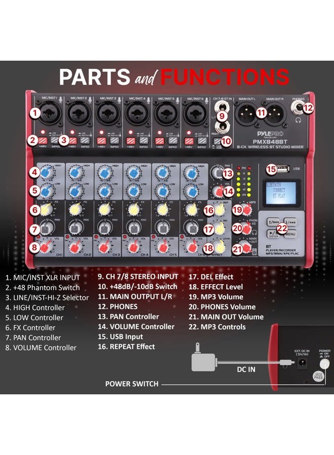 Pyle Professional Wireless DJ Audio Mixer - 8-Channel Bluetooth Compatible DJ Controller Sound Mixer w/USB Port, 6 Mic/Line Input, ¼” Mono/Stereo Input, Headphone Jack, +48V Phantom Power - PMX848BT - Image 2