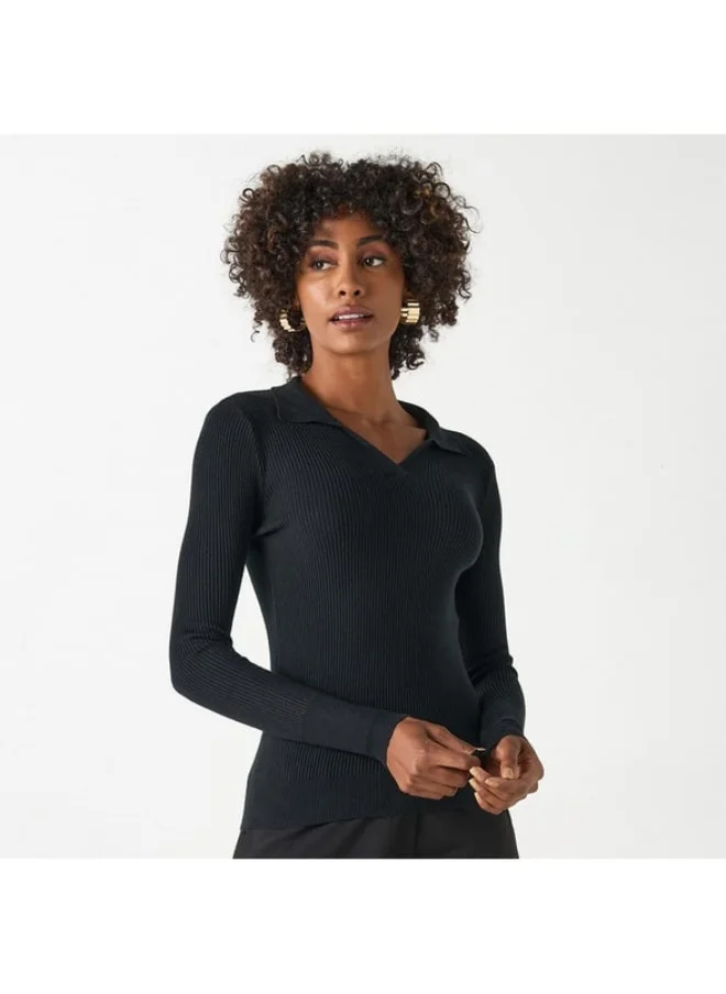 2Xtremz 2Xtremz Ribbed Sweater with Long Sleeves and Collared Neckline