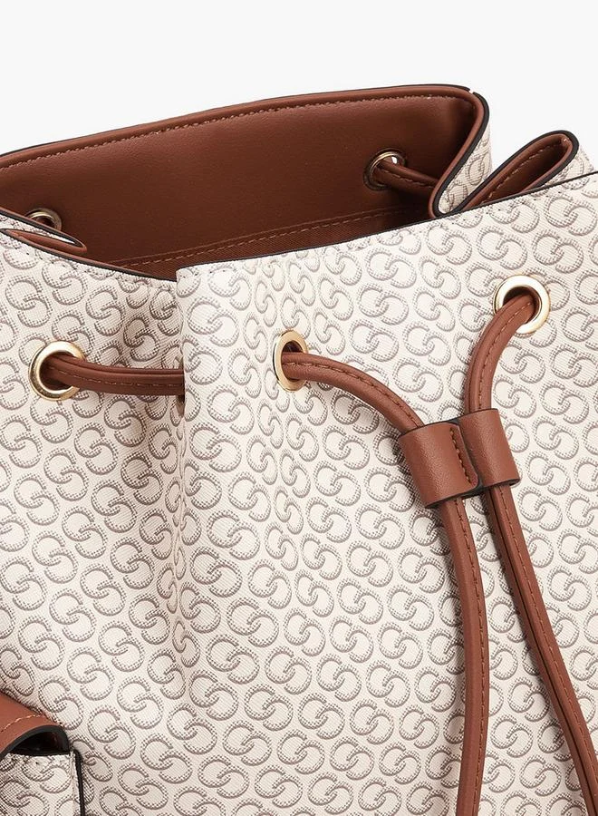 Celeste BEIGE Monogram Print Backpack with Drawstring Closure for Women | Best Price UAE