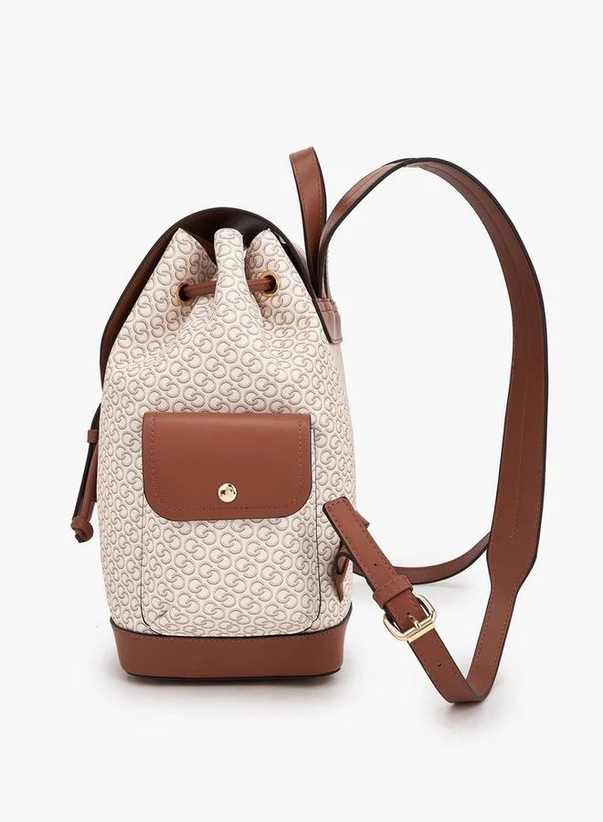 Celeste BEIGE Monogram Print Backpack with Drawstring Closure for Women | Best Price UAE