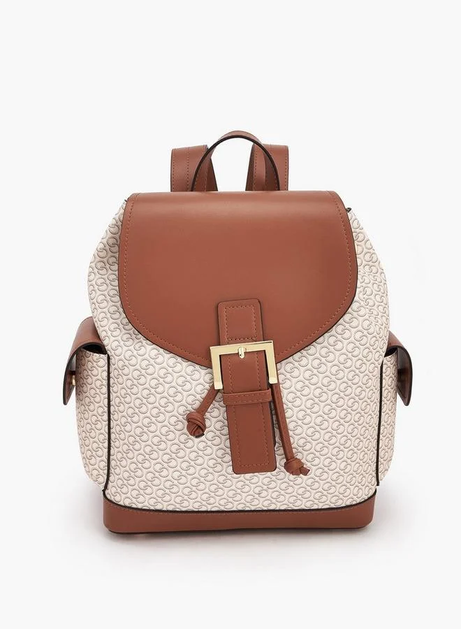 Monogram Print Backpack with Drawstring Closure