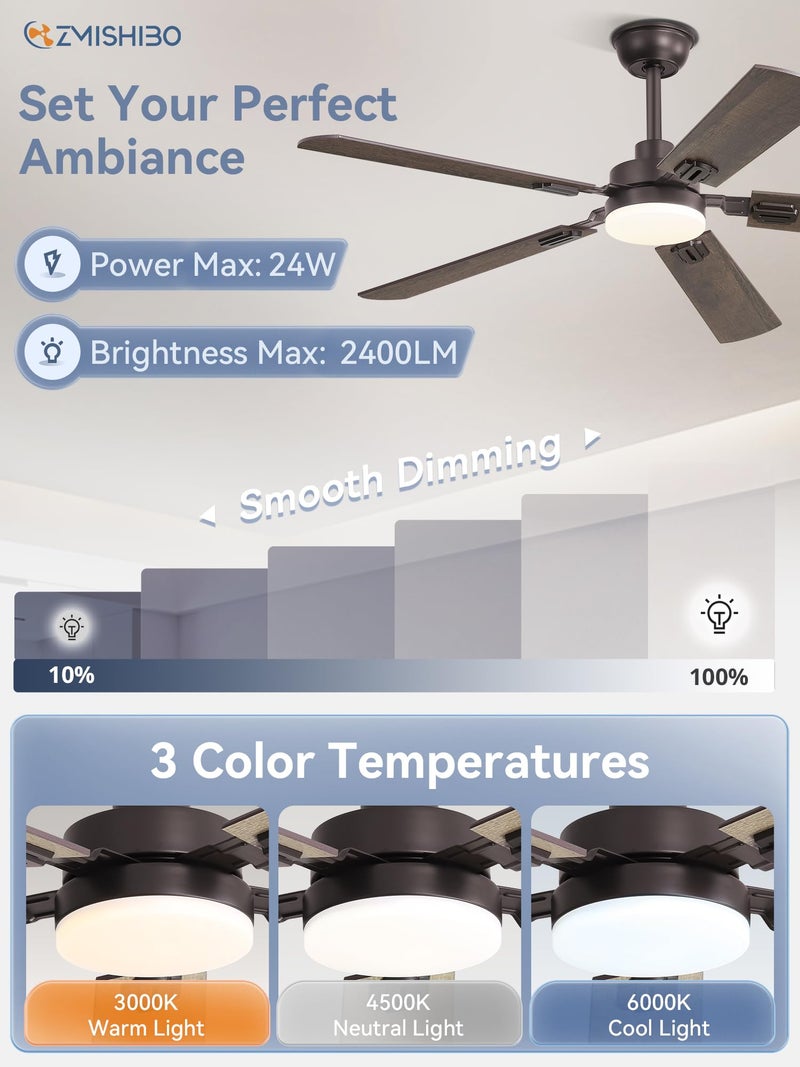 ZMISHIBO 52" Ceiling Fans with Lights, Oil Bronze Farmhouse Ceiling Fan with Remote, Rustic Indoor Ceiling Fan with Dual Finish Blades, Quiet & Strong Motor, Bright LED Light. - Image 3