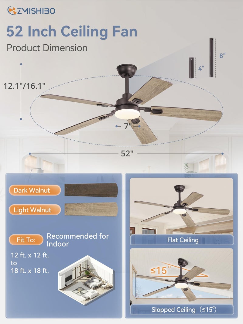 ZMISHIBO 52" Ceiling Fans with Lights, Oil Bronze Farmhouse Ceiling Fan with Remote, Rustic Indoor Ceiling Fan with Dual Finish Blades, Quiet & Strong Motor, Bright LED Light. - Image 5
