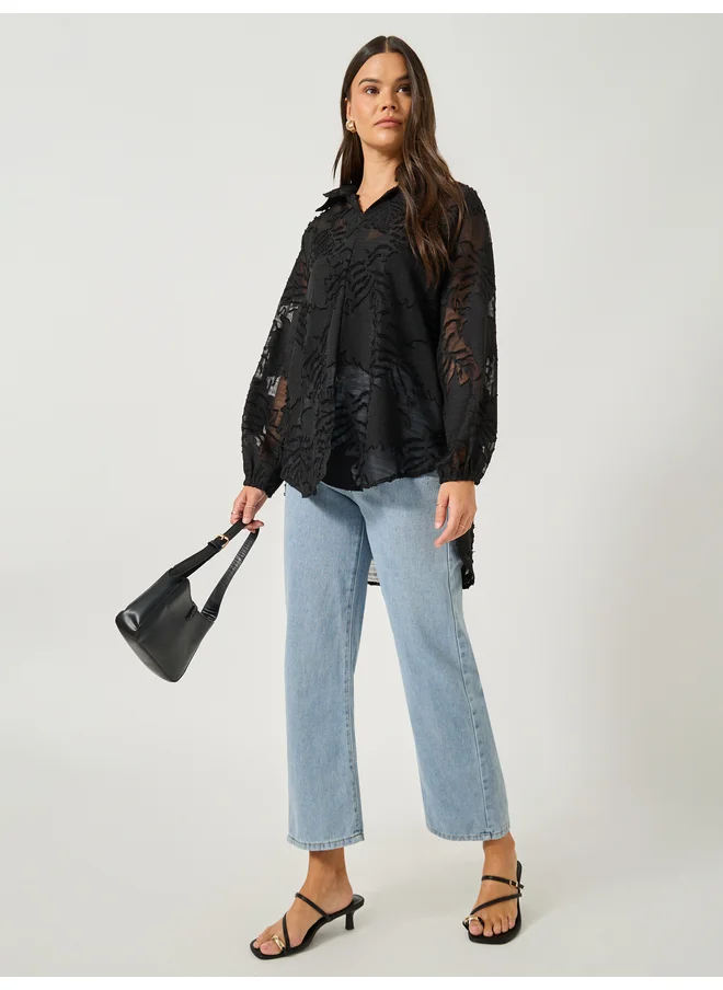 ستايلي Styli Floral Burn Out Textured Spread Collar Shirt
