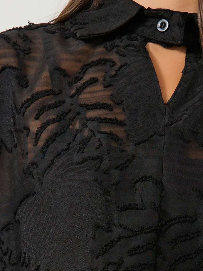 Styli Styli Floral Burn Out Textured Spread Collar Shirt