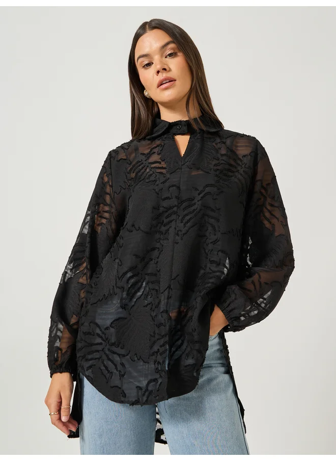 ستايلي Styli Floral Burn Out Textured Spread Collar Shirt
