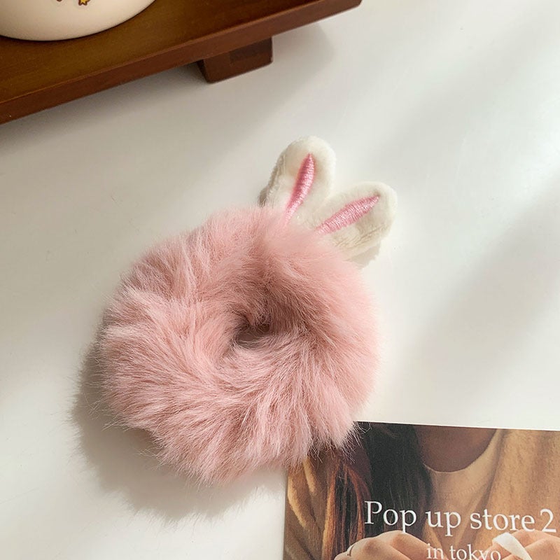 Cute Rabbit Ear Hair Ring Autumn and Winter Plush Tie Ball Hair Rope No Hair Injury Rubber Band Mori Girl Hair Rope Hair Accessories Pink Rabbit Ears Pink Rabbit Ears