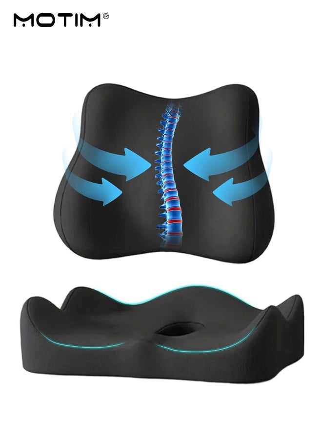 Motim Car Lumbar Support Pillow & Seat Cushion Set for Office Chair Car Seat, Memory Foam Ergonomic Design Coccyx Cushion for Tailbone, Promotes Healthy Driving Posture and Relieves Back Pain - Image 1