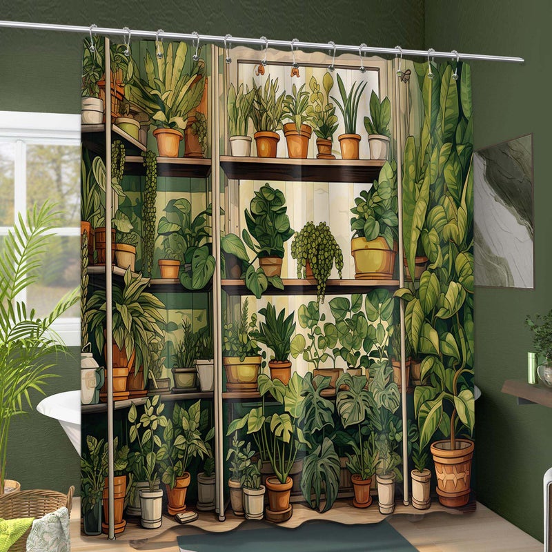 QGHOT Botanical Shower Curtain Nature Green Plant Shower Curtains for Bathroom Decor Sets Vintage Fake Potted Pattern Waterproof Polyester Fabric with Hooks 70x72in