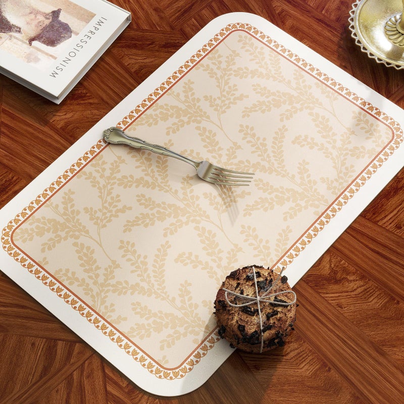 ISAENNE Skin Colour PVC Placemats Set of 6,Rectangular Floral Placemats,Waterproof and Heat-Resistant Branch Leave Pattern,Decoration for Kitchen,Dinning,Parties, Holiday,12"*17" - Image 3