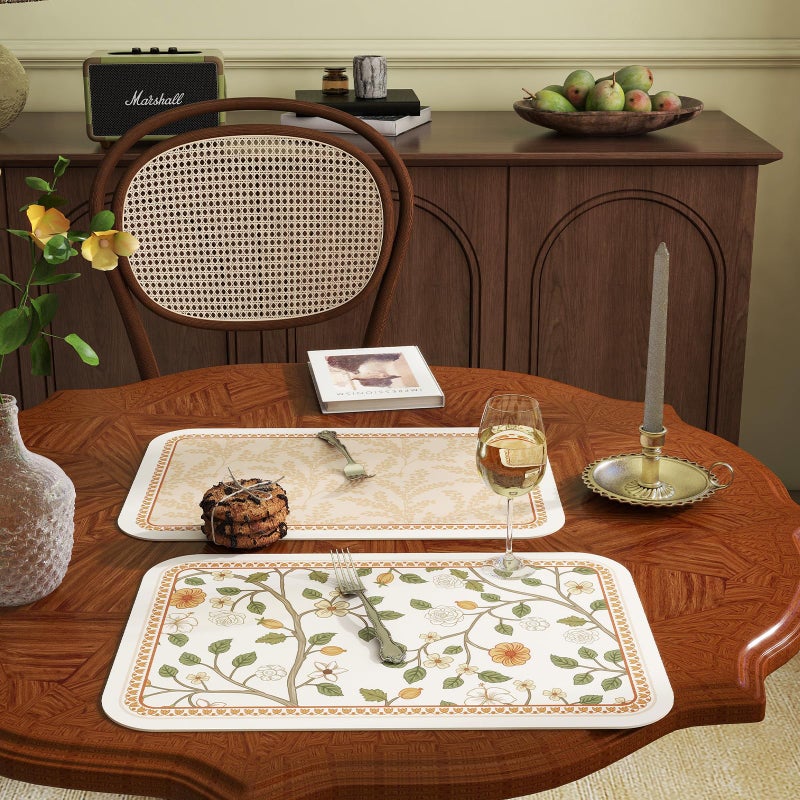 ISAENNE Skin Colour PVC Placemats Set of 6,Rectangular Floral Placemats,Waterproof and Heat-Resistant Branch Leave Pattern,Decoration for Kitchen,Dinning,Parties, Holiday,12"*17" - Image 2