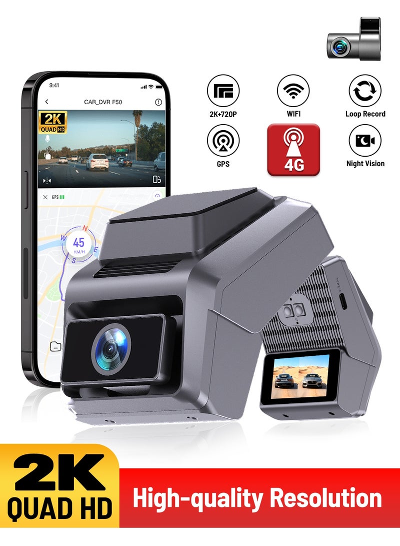دانسينت كاميرا 4G للسيارة بدقة 2K Ultra HD وشاشة IPS مقاس 1.9 بوصة وكاميرا خلفية للسيارة بدقة 720P ورؤية ليلية وتطبيق Wi-Fi للتحكم ومراقبة وقوف السيارات ومسجل فيديو - Image 1