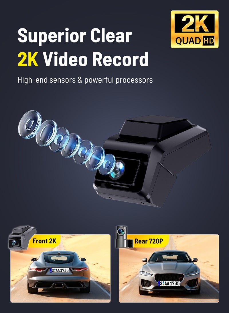 دانسينت كاميرا 4G للسيارة بدقة 2K Ultra HD وشاشة IPS مقاس 1.9 بوصة وكاميرا خلفية للسيارة بدقة 720P ورؤية ليلية وتطبيق Wi-Fi للتحكم ومراقبة وقوف السيارات ومسجل فيديو - Image 2
