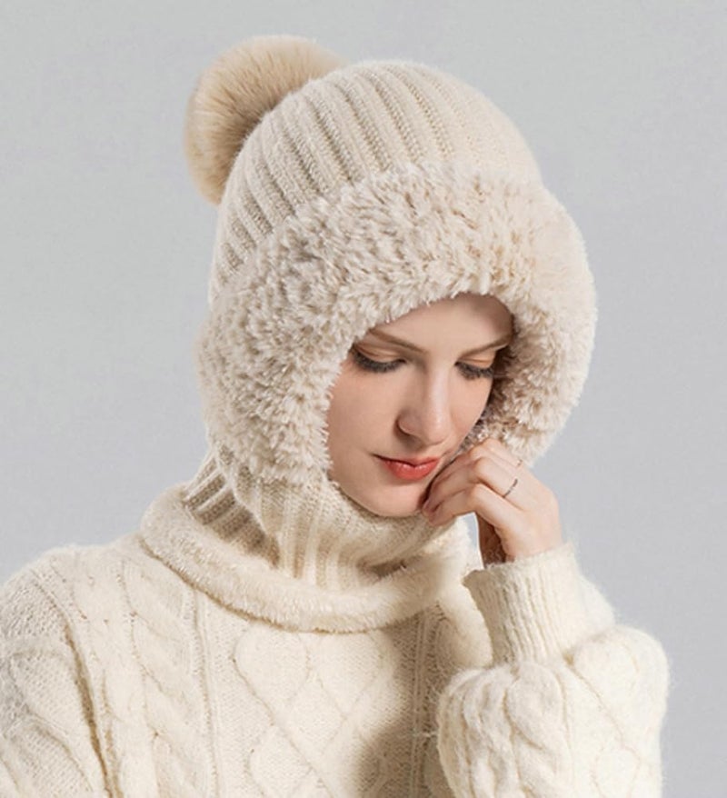 Womens Knit Beanie Hat Fleece Lined Winter Scarf Mask Set Snow Caps Plush Earmuff - Image 4