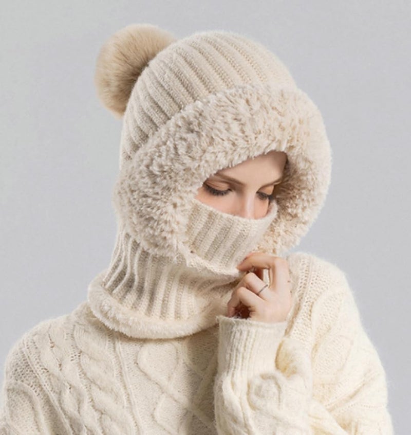 Womens Knit Beanie Hat Fleece Lined Winter Scarf Mask Set Snow Caps Plush Earmuff - Image 5