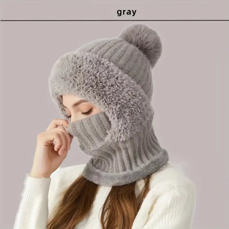 Womens Knit Beanie Hat Fleece Lined Winter Scarf Mask Set Snow Caps Plush Earmuff - Image 2