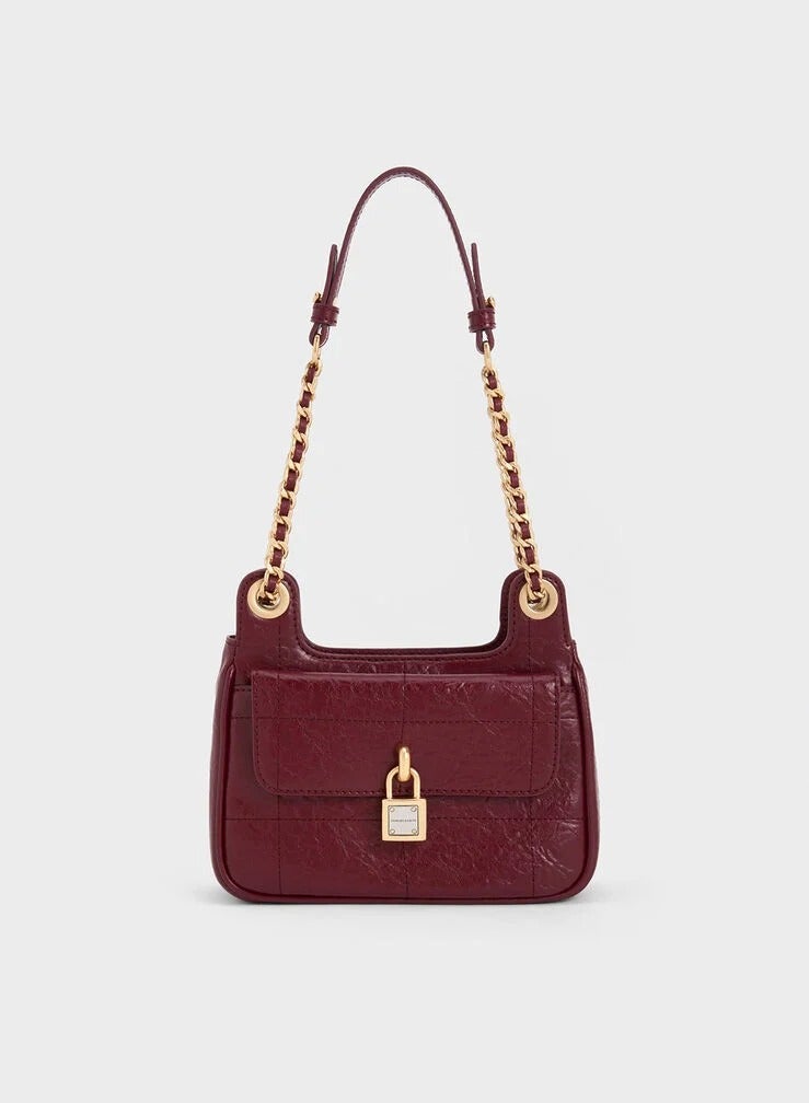 Charles & Keith Suki Crinkle Effect Padlock Shoulder Bag Handbag Crossbody