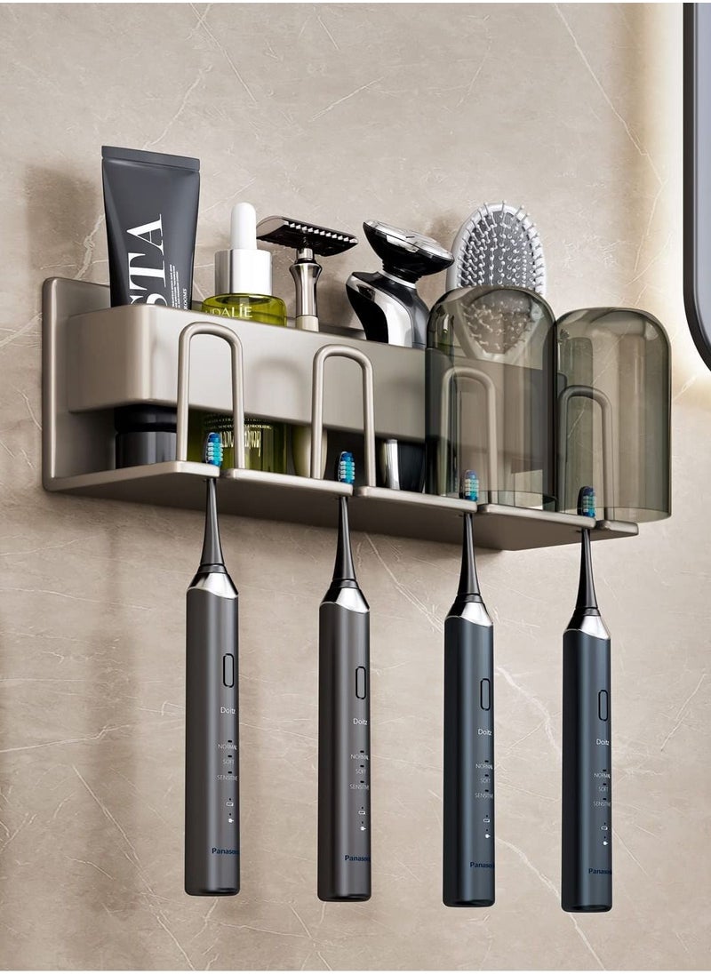 MIXDE - Bathroom Toothbrush Holder, Space Aluminum Wall Mounted Toothpaste Holder Stand with 4 Mouthwash Cups and 4 Brush Slots (Grey) - Image 1