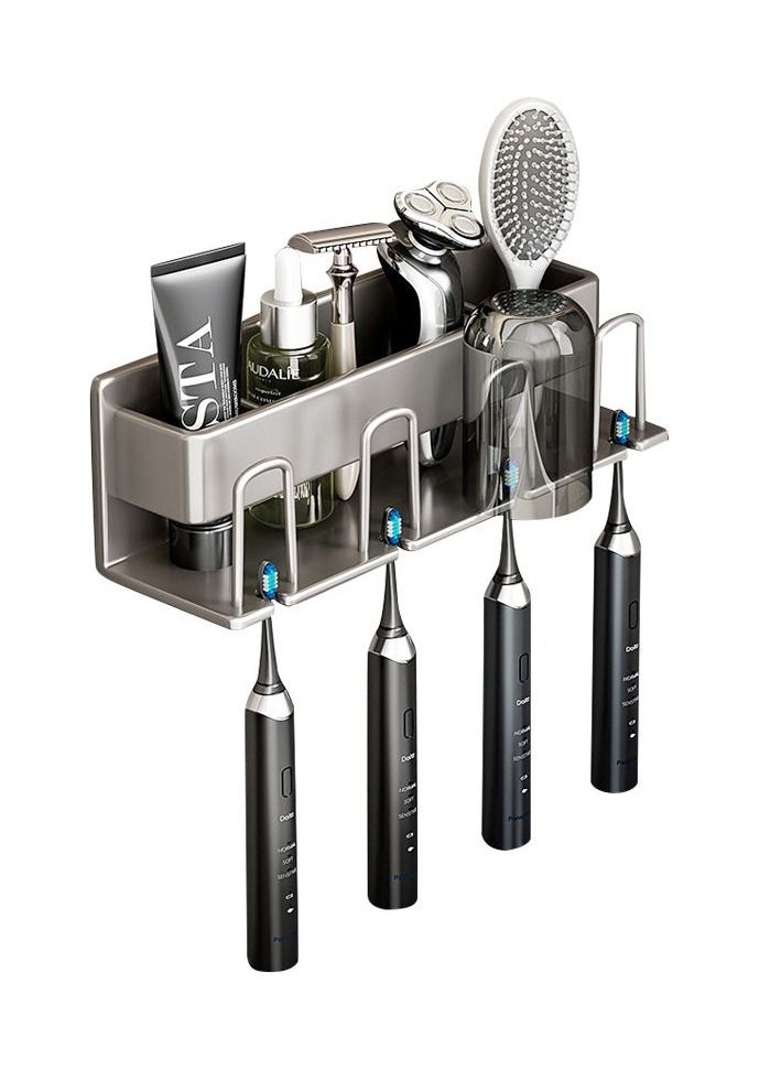 MIXDE - Bathroom Toothbrush Holder, Space Aluminum Wall Mounted Toothpaste Holder Stand with 4 Mouthwash Cups and 4 Brush Slots (Grey) - Image 1