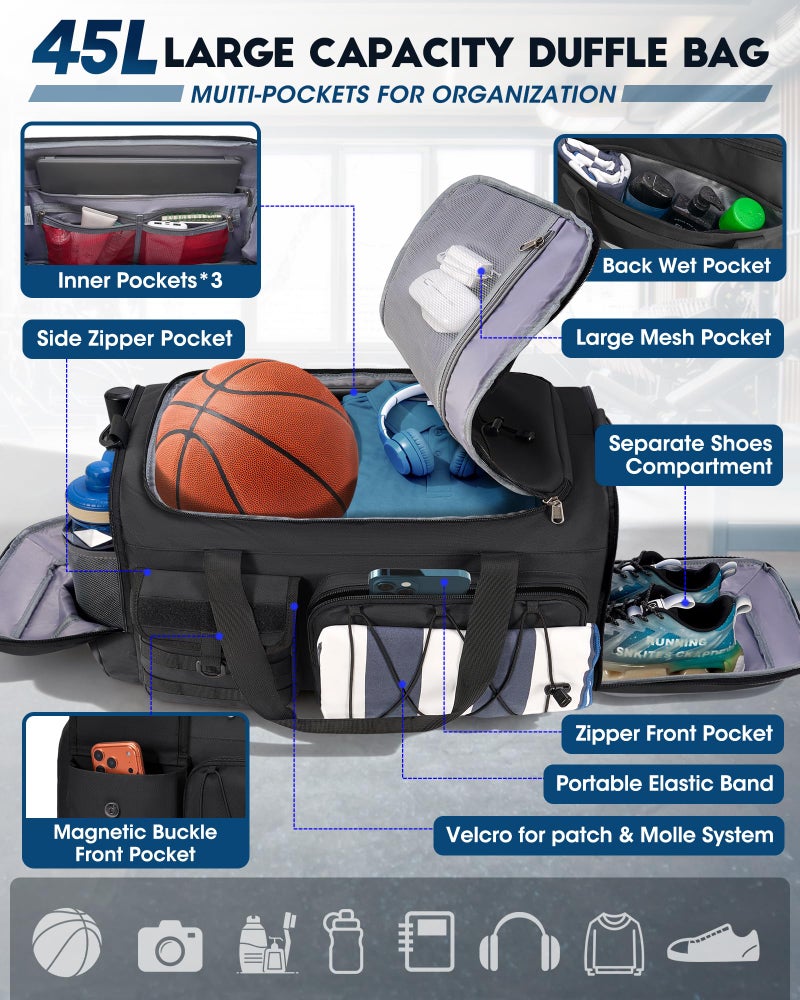 SDYSM Gym Bag for Men 45L Sports Duffel Bags 3-in-1 Travel Duffel Bag with Shoe Compartment, Gym Workout Backpack Carry On Weekender Bag Overnight Bag for Travel, Black - Image 3
