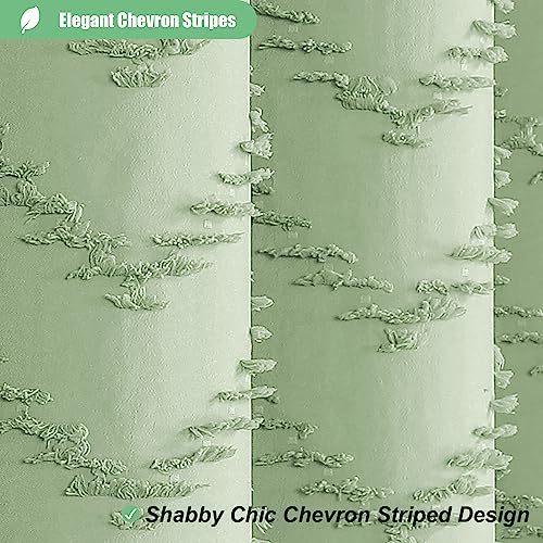 Dynamene Boho Farmhouse Shower Curtain, Sage Green Fabric Tufted Chevron Striped Textured Tassel Shower Curtains for Bathroom, Water Repellent, Minimalist Cloth Shower Curtain Set with Hook, 72x72 - Image 2