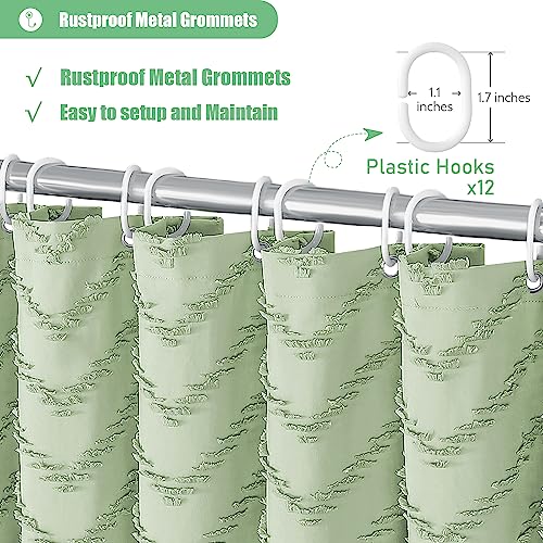 Dynamene Boho Farmhouse Shower Curtain, Sage Green Fabric Tufted Chevron Striped Textured Tassel Shower Curtains for Bathroom, Water Repellent, Minimalist Cloth Shower Curtain Set with Hook, 72x72 - Image 5