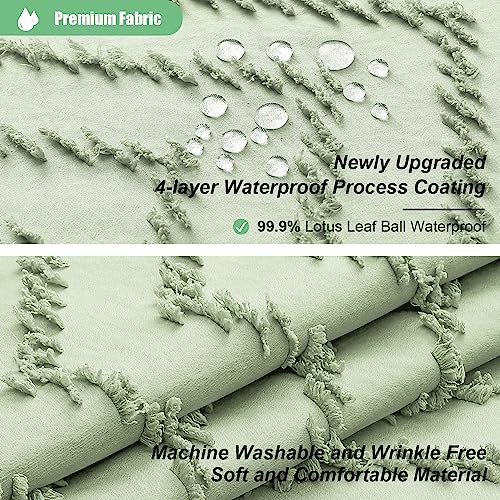 Dynamene Boho Farmhouse Shower Curtain, Sage Green Fabric Tufted Chevron Striped Textured Tassel Shower Curtains for Bathroom, Water Repellent, Minimalist Cloth Shower Curtain Set with Hook, 72x72 - Image 3