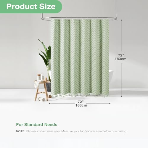 Dynamene Boho Farmhouse Shower Curtain, Sage Green Fabric Tufted Chevron Striped Textured Tassel Shower Curtains for Bathroom, Water Repellent, Minimalist Cloth Shower Curtain Set with Hook, 72x72 - Image 4