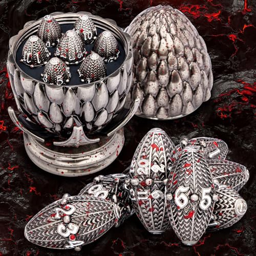 ARUOHHA DND Metal Dice Blood Splatter Dragon Egg Dice with Rotating Dragon Egg Shell Role Playing Game RPG Polyhedral D and D Dice Set D20 D12 D10 D8 D6 D4 - Image 1