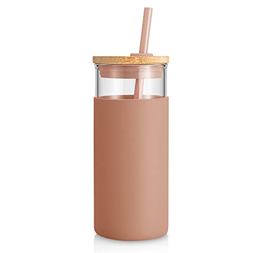 Tronco 20 oz Glass Tumbler with Lid and Straw, Iced Coffee Cup and Smoothie Cup with Bamboo Lids & Protective Silicone Sleeve, Dishwasher Safe, BPA-Free, Glass Cup 1 Pack - Image 1