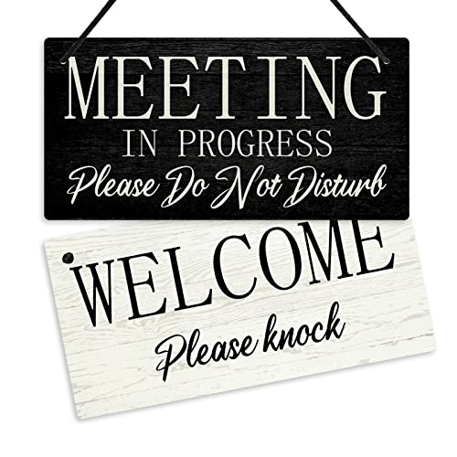 Putuo Decor Meeting in Progress Please Do Not Disturb Door Sign, Reversible Double Sided Sign for Business, Office, 10x5 Inches PVC Hanging Plaque - Image 1