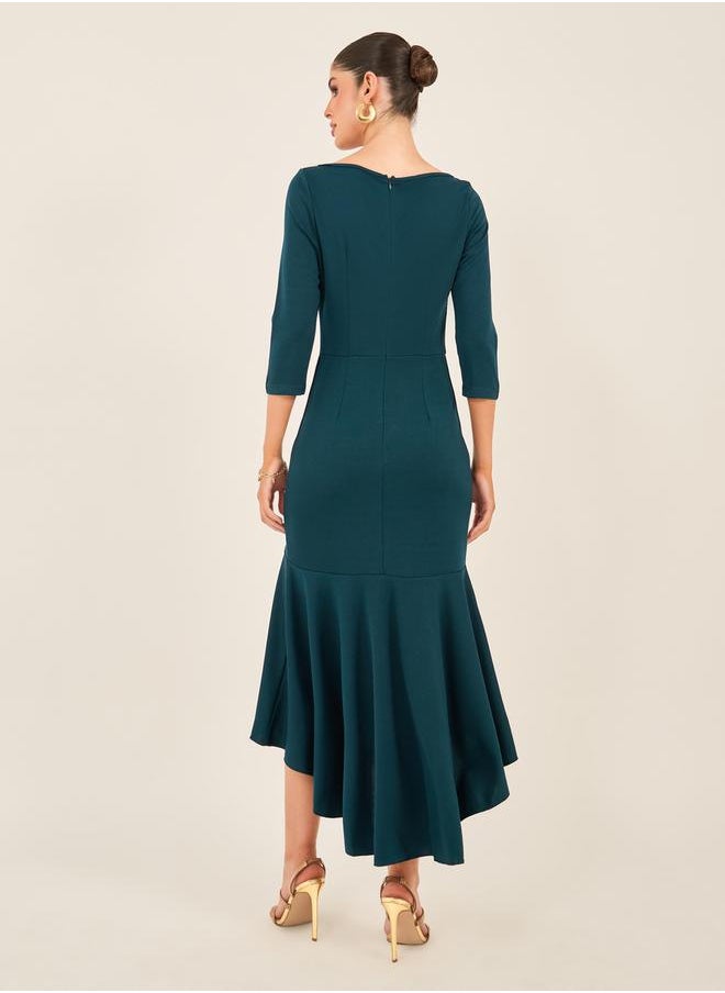 Styli Solid Boat Neck Mermaid Hem Midi Dress  - Image 5
