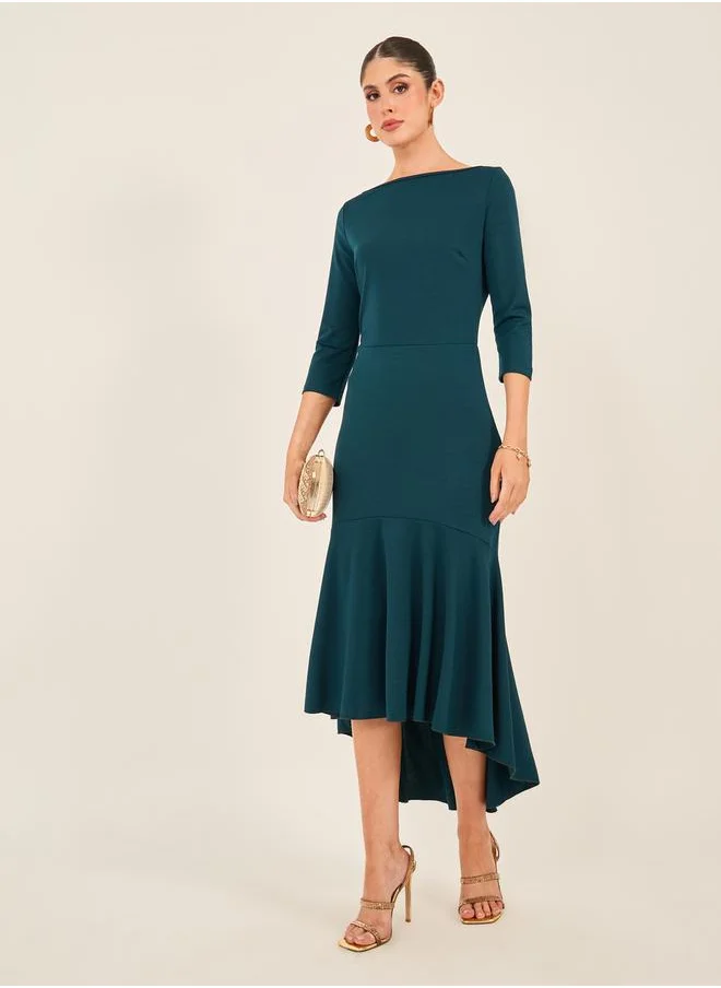 Styli Solid Boat Neck Mermaid Hem Midi Dress