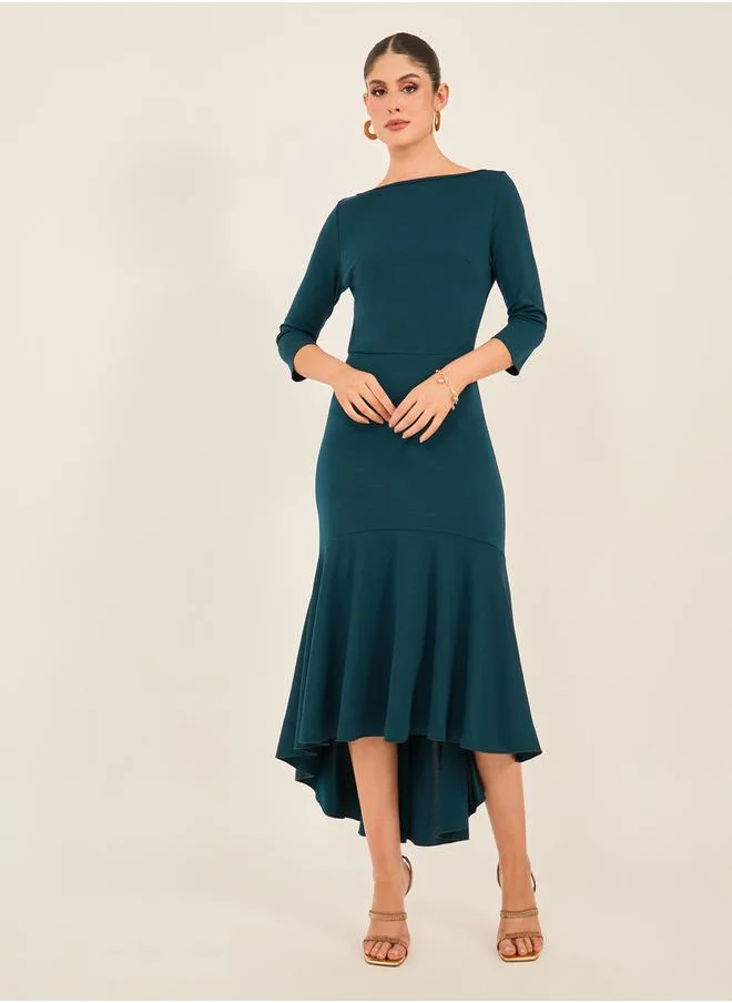 Styli Solid Boat Neck Mermaid Hem Midi Dress