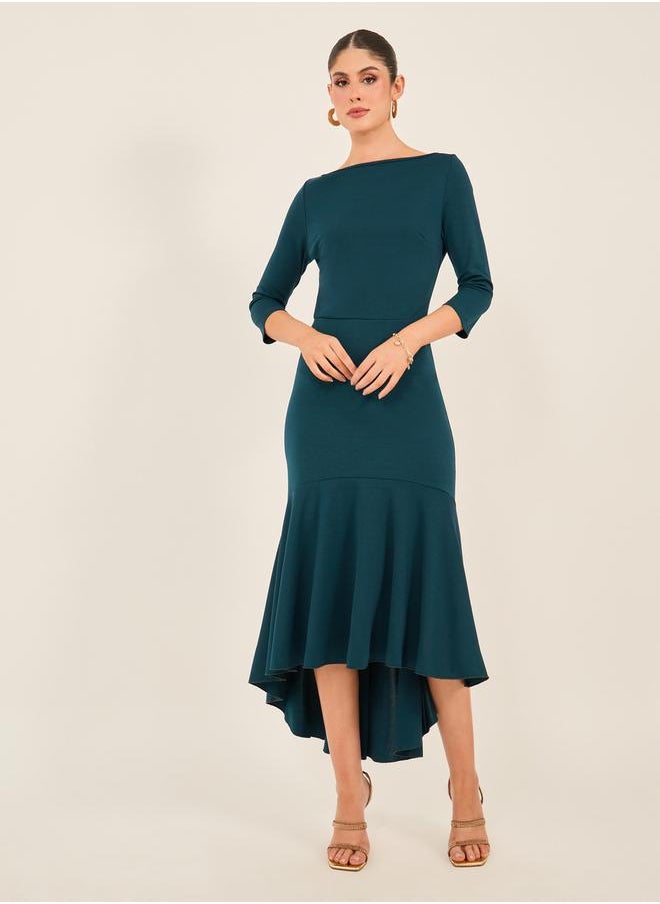 Styli Solid Boat Neck Mermaid Hem Midi Dress  - Image 1