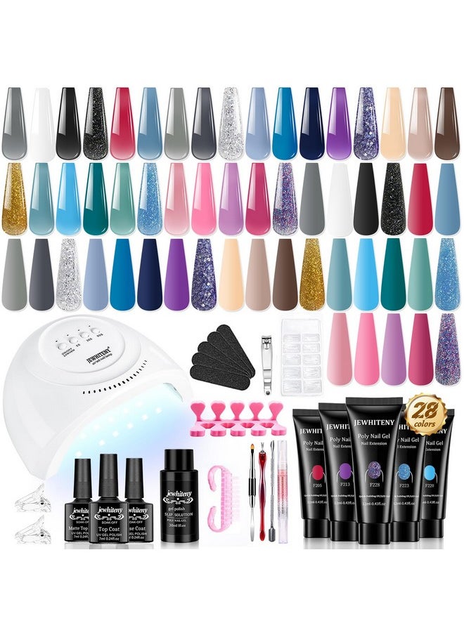 JEWHITENY 28 Colors Poly Nail Gel Kit Nude Pink Pink Blue Yellow Purple Glitter All In One Poly Extension Gel Starter Kit Poly Nail Gel Kit With U V Light Base Top Coat Gift For Women  - Image 1