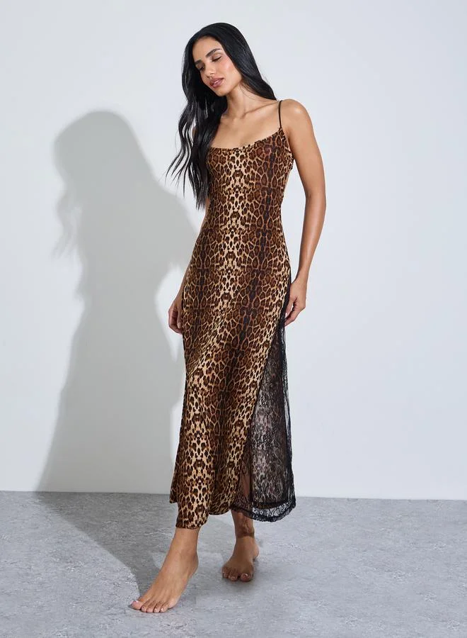 Brown Leopard Print Lace Details Maxi Slip Dress