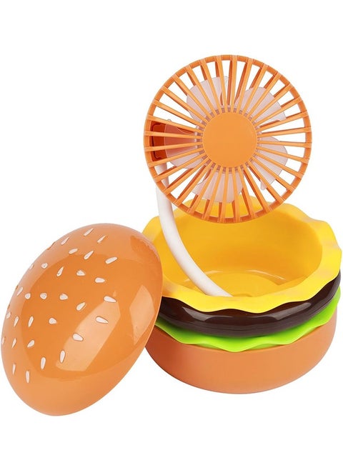 Portable Mini Desk Fan with Mirror, 3 Speeds Airflow, 360° Rotation, USB Rechargeable, Burger Shape Summer Gift Table Fan Handheld (Brown)