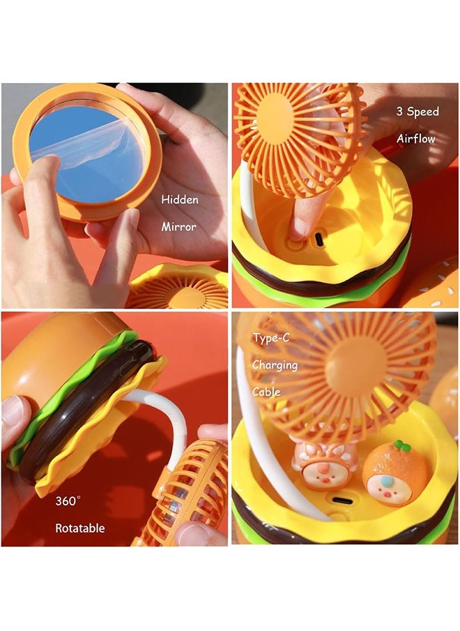 Portable Mini Desk Fan with Mirror, 3 Speeds Airflow, 360° Rotation, USB Rechargeable, Burger Shape Summer Gift Table Fan Handheld (Brown)
