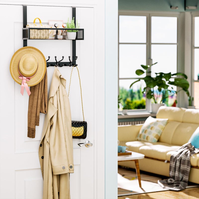 Consumest Over The Door Hooks Organizer - Over Door Hanger with 16 Hooks & 2 Baskets for Hanging Coat, Clothing, Towel, Back Storage for Bathroom, Closet, College Dorm, Black - Image 2