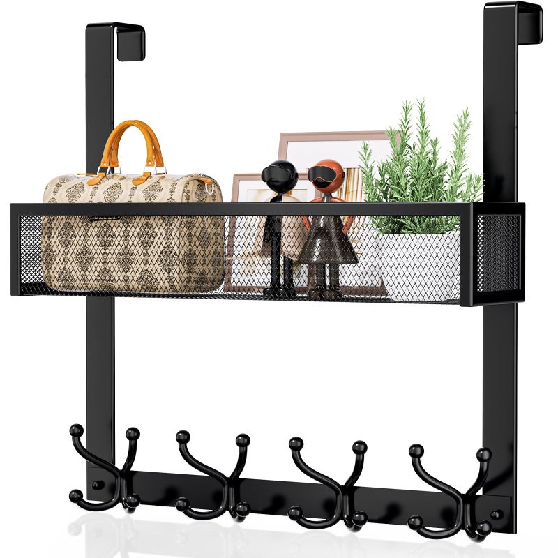Consumest Over The Door Hooks Organizer - Over Door Hanger with 16 Hooks & 2 Baskets for Hanging Coat, Clothing, Towel, Back Storage for Bathroom, Closet, College Dorm, Black - Image 1