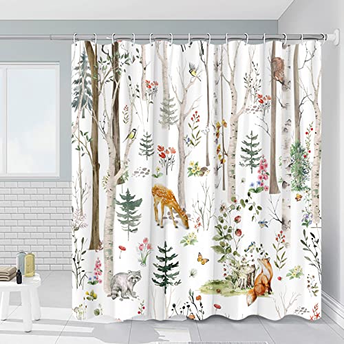 RDRUVA Forest Animal Shower Curtain Cabin Rustic Deer Bathroom Curtains Floral Butterfly Plant Cute Fox Wildlife Green Leaf Nature Scenic Farmhouse Animals Watercolor Bathtub Decor with Hooks 70 x 70IN - Image 2