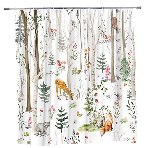 RDRUVA Forest Animal Shower Curtain Cabin Rustic Deer Bathroom Curtains Floral Butterfly Plant Cute Fox Wildlife Green Leaf Nature Scenic Farmhouse Animals Watercolor Bathtub Decor with Hooks 70 x 70IN - Image 4