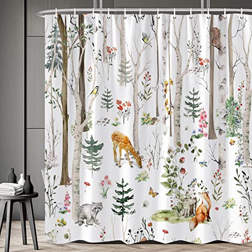 RDRUVA Forest Animal Shower Curtain Cabin Rustic Deer Bathroom Curtains Floral Butterfly Plant Cute Fox Wildlife Green Leaf Nature Scenic Farmhouse Animals Watercolor Bathtub Decor with Hooks 70 x 70IN - Image 1