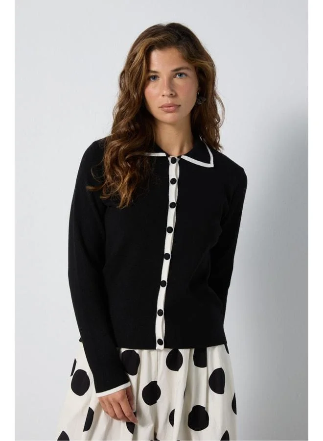 mina aise Women's Black Premium Regular Fit Polo Neck Knit Cardigan 7060.