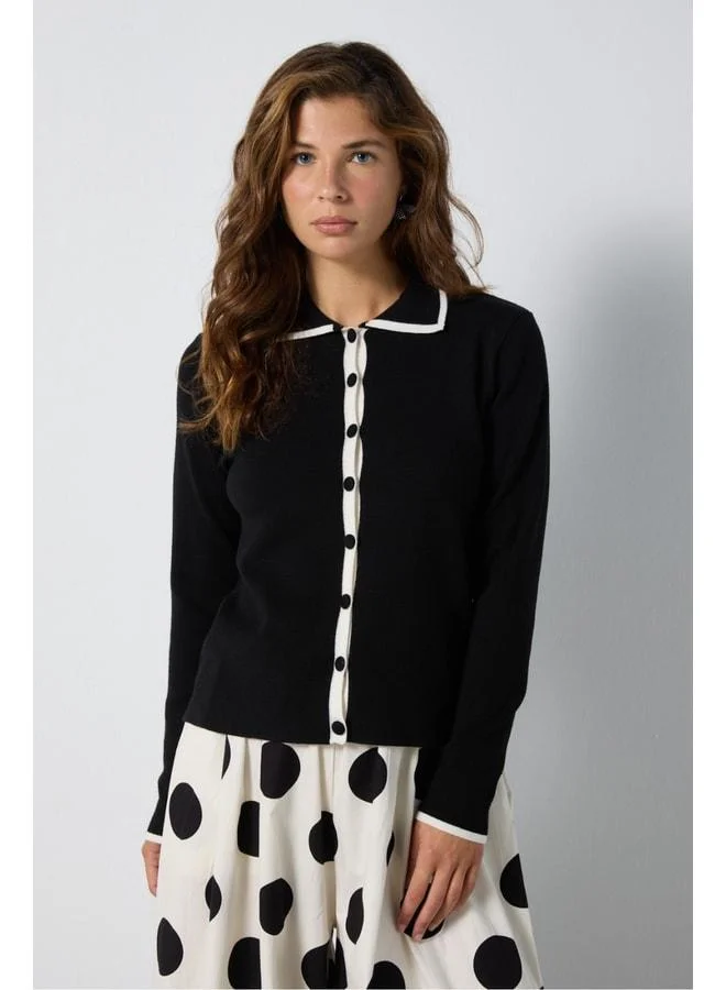 mina aise Women's Black Premium Regular Fit Polo Neck Knit Cardigan 7060.